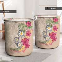 Hawaiian Tropical Flowers and Tribal Turtles Laundry Basket Polynesian Art Motifs Beige Color - Polynesian Pride