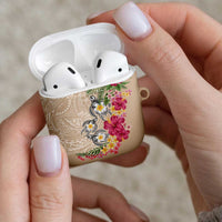 Hawaiian Tropical Flowers and Tribal Turtles AirPods Case Polynesian Art Motifs Beige Color - Polynesian Pride