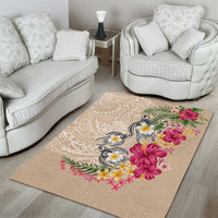 Hawaiian Tropical Flowers and Tribal Turtles Area Rug Polynesian Art Motifs Beige Color - Polynesian Pride