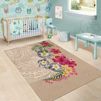 Hawaiian Tropical Flowers and Tribal Turtles Area Rug Polynesian Art Motifs Beige Color - Polynesian Pride