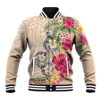 Hawaiian Tropical Flowers and Tribal Turtles Baseball Jacket Polynesian Art Motifs Beige Color - Polynesian Pride