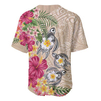 Hawaiian Tropical Flowers and Tribal Turtles Baseball Jersey Polynesian Art Motifs Beige Color - Polynesian Pride