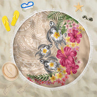 Hawaiian Tropical Flowers and Tribal Turtles Beach Blanket Polynesian Art Motifs Beige Color - Polynesian Pride