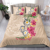 Hawaiian Tropical Flowers and Tribal Turtles Bedding Set Polynesian Art Motifs Beige Color - Polynesian Pride