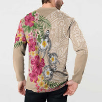 Hawaiian Tropical Flowers and Tribal Turtles Button Sweatshirt Polynesian Art Motifs Beige Color - Polynesian Pride