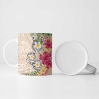 Hawaiian Tropical Flowers and Tribal Turtles Ceramic Mug Polynesian Art Motifs Beige Color - Polynesian Pride