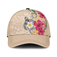 Hawaiian Tropical Flowers and Tribal Turtles Classic Cap Polynesian Art Motifs Beige Color - Polynesian Pride