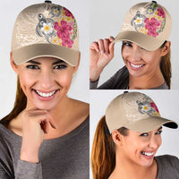 Hawaiian Tropical Flowers and Tribal Turtles Classic Cap Polynesian Art Motifs Beige Color LT03 - Polynesian Pride