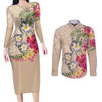 Hawaiian Tropical Flowers and Tribal Turtles Couples Matching Long Sleeve Bodycon Dress and Long Sleeve Button Shirt Polynesian Art Motifs Beige Color - Polynesian Pride