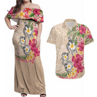Hawaiian Tropical Flowers and Tribal Turtles Couples Matching Off Shoulder Maxi Dress and Hawaiian Shirt Polynesian Art Motifs Beige Color - Polynesian Pride