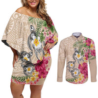 Hawaiian Tropical Flowers and Tribal Turtles Couples Matching Off Shoulder Short Dress and Long Sleeve Button Shirt Polynesian Art Motifs Beige Color - Polynesian Pride