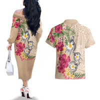 Hawaiian Tropical Flowers and Tribal Turtles Couples Matching Off The Shoulder Long Sleeve Dress and Hawaiian Shirt Polynesian Art Motifs Beige Color - Polynesian Pride