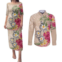 Hawaiian Tropical Flowers and Tribal Turtles Couples Matching Puletasi and Long Sleeve Button Shirt Polynesian Art Motifs Beige Color - Polynesian Pride