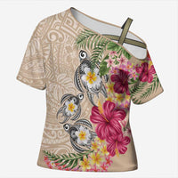 Hawaiian Tropical Flowers and Tribal Turtles Cross Shoulder Shirt Polynesian Art Motifs Beige Color - Polynesian Pride