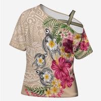 Hawaiian Tropical Flowers and Tribal Turtles Cross Shoulder Shirt Polynesian Art Motifs Beige Color - Polynesian Pride