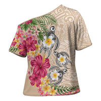 Hawaiian Tropical Flowers and Tribal Turtles Cross Shoulder Shirt Polynesian Art Motifs Beige Color - Polynesian Pride