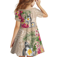 Hawaiian Tropical Flowers and Tribal Turtles Family Matching Long Sleeve Bodycon Dress and Hawaiian Shirt Polynesian Art Motifs Beige Color LT03 - Polynesian Pride