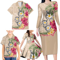 Hawaiian Tropical Flowers and Tribal Turtles Family Matching Long Sleeve Bodycon Dress and Hawaiian Shirt Polynesian Art Motifs Beige Color LT03 - Polynesian Pride