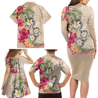 Hawaiian Tropical Flowers and Tribal Turtles Family Matching Long Sleeve Bodycon Dress and Hawaiian Shirt Polynesian Art Motifs Beige Color LT03 - Polynesian Pride