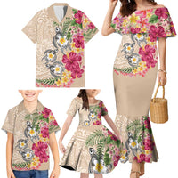 Hawaiian Tropical Flowers and Tribal Turtles Family Matching Mermaid Dress and Hawaiian Shirt Polynesian Art Motifs Beige Color - Polynesian Pride