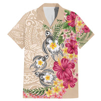 Hawaiian Tropical Flowers and Tribal Turtles Family Matching Mermaid Dress and Hawaiian Shirt Polynesian Art Motifs Beige Color - Polynesian Pride