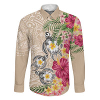 Hawaiian Tropical Flowers and Tribal Turtles Family Matching Mermaid Dress and Hawaiian Shirt Polynesian Art Motifs Beige Color LT03 Dad's Shirt - Long Sleeve Beige - Polynesian Pride