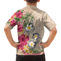 Hawaiian Tropical Flowers and Tribal Turtles Family Matching Off The Shoulder Long Sleeve Dress and Hawaiian Shirt Polynesian Art Motifs Beige Color LT03 - Polynesian Pride