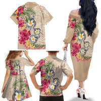 Hawaiian Tropical Flowers and Tribal Turtles Family Matching Off The Shoulder Long Sleeve Dress and Hawaiian Shirt Polynesian Art Motifs Beige Color LT03 - Polynesian Pride