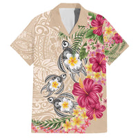 Hawaiian Tropical Flowers and Tribal Turtles Family Matching Off The Shoulder Long Sleeve Dress and Hawaiian Shirt Polynesian Art Motifs Beige Color LT03 Dad's Shirt - Short Sleeve Beige - Polynesian Pride