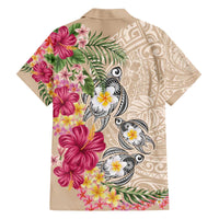 Hawaiian Tropical Flowers and Tribal Turtles Family Matching Off The Shoulder Long Sleeve Dress and Hawaiian Shirt Polynesian Art Motifs Beige Color - Polynesian Pride