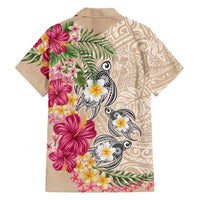 Hawaiian Tropical Flowers and Tribal Turtles Family Matching Off The Shoulder Long Sleeve Dress and Hawaiian Shirt Polynesian Art Motifs Beige Color LT03 - Polynesian Pride