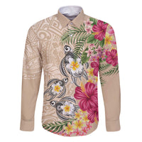 Hawaiian Tropical Flowers and Tribal Turtles Family Matching Off The Shoulder Long Sleeve Dress and Hawaiian Shirt Polynesian Art Motifs Beige Color LT03 Dad's Shirt - Long Sleeve Beige - Polynesian Pride