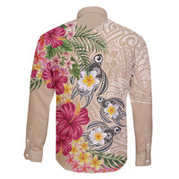 Hawaiian Tropical Flowers and Tribal Turtles Family Matching Off The Shoulder Long Sleeve Dress and Hawaiian Shirt Polynesian Art Motifs Beige Color LT03 - Polynesian Pride
