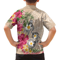 Hawaiian Tropical Flowers and Tribal Turtles Family Matching Off Shoulder Maxi Dress and Hawaiian Shirt Polynesian Art Motifs Beige Color LT03 - Polynesian Pride