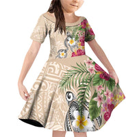 Hawaiian Tropical Flowers and Tribal Turtles Family Matching Off Shoulder Short Dress and Hawaiian Shirt Polynesian Art Motifs Beige Color - Polynesian Pride
