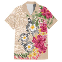 Hawaiian Tropical Flowers and Tribal Turtles Family Matching Off Shoulder Short Dress and Hawaiian Shirt Polynesian Art Motifs Beige Color LT03 Dad's Shirt - Short Sleeve Beige - Polynesian Pride