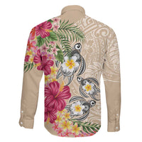 Hawaiian Tropical Flowers and Tribal Turtles Family Matching Off Shoulder Short Dress and Hawaiian Shirt Polynesian Art Motifs Beige Color LT03 - Polynesian Pride