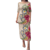 Hawaiian Tropical Flowers and Tribal Turtles Family Matching Puletasi and Hawaiian Shirt Polynesian Art Motifs Beige Color - Polynesian Pride