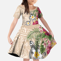 Hawaiian Tropical Flowers and Tribal Turtles Family Matching Short Sleeve Bodycon Dress and Hawaiian Shirt Polynesian Art Motifs Beige Color LT03 Daughter's Dress Beige - Polynesian Pride