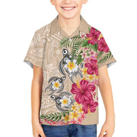 Hawaiian Tropical Flowers and Tribal Turtles Family Matching Tank Maxi Dress and Hawaiian Shirt Polynesian Art Motifs Beige Color LT03 Son's Shirt Beige - Polynesian Pride