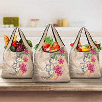 Hawaiian Tropical Flowers and Tribal Turtles Grocery Bag Polynesian Art Motifs Beige Color - Polynesian Pride
