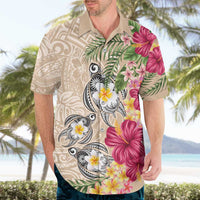 Hawaiian Tropical Flowers and Tribal Turtles Hawaiian Shirt Polynesian Art Motifs Beige Color - Polynesian Pride