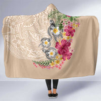 Hawaiian Tropical Flowers and Tribal Turtles Hooded Blanket Polynesian Art Motifs Beige Color - Polynesian Pride