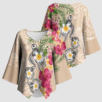 Hawaiian Tropical Flowers and Tribal Turtles Kimono Sleeve Blouse Polynesian Art Motifs Beige Color - Polynesian Pride