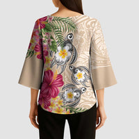 Hawaiian Tropical Flowers and Tribal Turtles Kimono Sleeve Blouse Polynesian Art Motifs Beige Color - Polynesian Pride