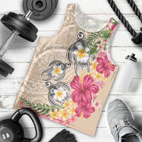 Hawaiian Tropical Flowers and Tribal Turtles Men Tank Top Polynesian Art Motifs Beige Color - Polynesian Pride