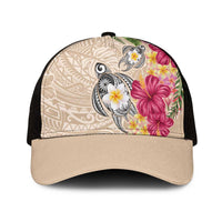 Hawaiian Tropical Flowers and Tribal Turtles Mesh Trucker Cap Polynesian Art Motifs Beige Color - Polynesian Pride