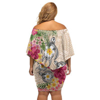 Hawaiian Tropical Flowers and Tribal Turtles Off Shoulder Short Dress Polynesian Art Motifs Beige Color - Polynesian Pride