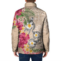 Hawaiian Tropical Flowers and Tribal Turtles Padded Jacket Polynesian Art Motifs Beige Color - Polynesian Pride