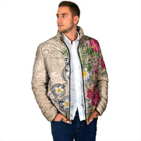 Hawaiian Tropical Flowers and Tribal Turtles Padded Jacket Polynesian Art Motifs Beige Color - Polynesian Pride